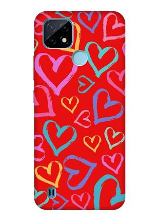 Матовий червоний чохол на realme c21y :: різнокольорові сердечка (принт 332)