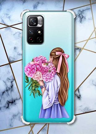 Чохол з потовщеними кутами на xiaomi redmi note 11 4g дівчина з півоніями (принт 11)