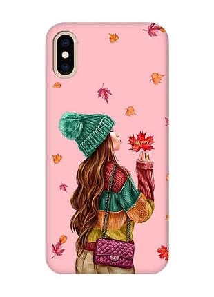 Матовый розовый чехол на iphone xs max :: девушка с листьями (принт 221)