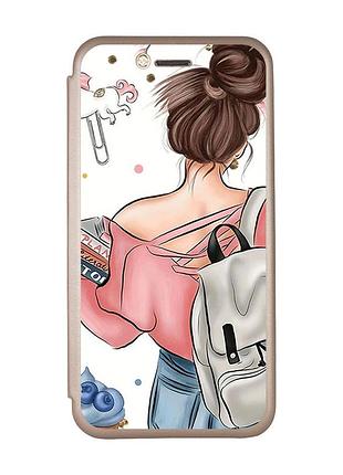 Чехол-книжка с рисунком для xiaomi redmi 9c/10a золотой :: девушка с рюкзаком (принт 30)