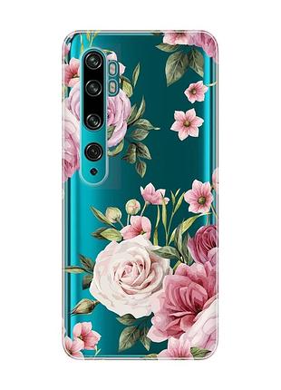 Прозорий чохол на xiaomi mi note 10/note 10 pro :: рожеві квіти (принт 287)