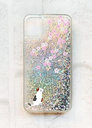 Чехол с плавающими блестками на iphone 11 :: серебряный :: котик и сакура (принт 283)