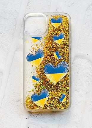 Чохол із плаваючими блискітками на iphone 14 золотий :: сердечка. україна (принт 258)