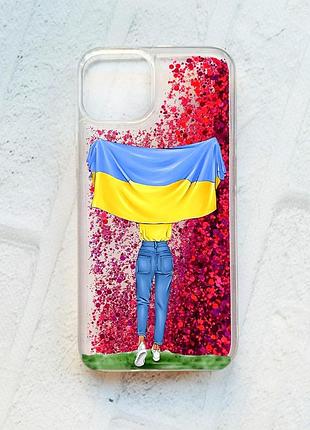 Чохол із плаваючими блискітками на iphone 13 рожевий :: дівчина з прапором (принт 263)