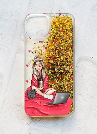 Чохол із плаваючими блискітками на iphone 13 золотий :: дівчина з вином (принт 220)