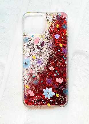 Чехол с плавающими блестками на iphone 13 :: красный :: цветочный фон (принт 267)