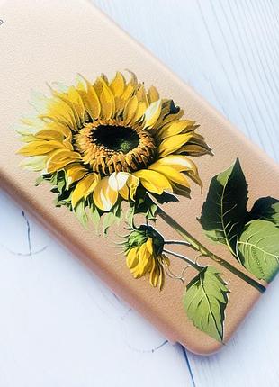 Чехол-книжка с рисунком для xiaomi redmi note 8 pro золотой :: подсолнечник (принт 274) 3