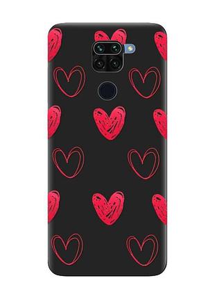 Матовий чорний чохол на xiaomi redmi note 9 :: сердечка червоні (принт 77)