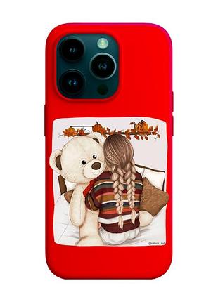 Матовый красный чехол на apple iphone 14 pro :: девочка с мишкой (принт 117)