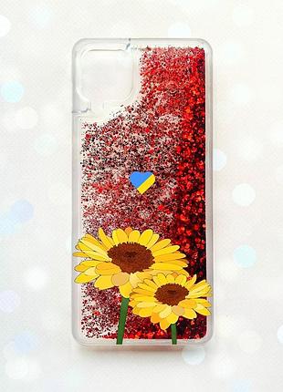 Чехол с плавающими блестками samsung galaxy a12 красный :: желтые цветы (патриотический принт 364)