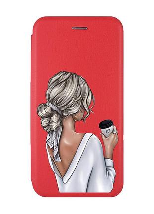 Чехол-книжка с рисунком для xiaomi redmi 9c/10a красный :: девушка с латте (принт 227)