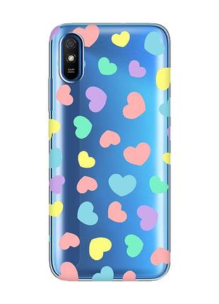 Прозорий чохол на xiaomi redmi 9a :: різнокольорові сердечка (принт 335)