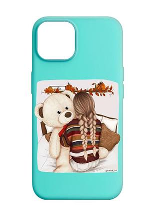 Матовый бирюзовый чехол на apple iphone 14 :: девочка с мишкой (принт 117)