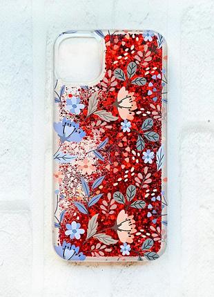 Чохол із плаваючими блискітками на iphone 11 червоний :: квітковий фон (принт 371)