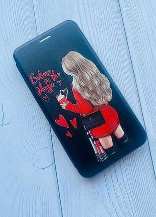 Чехол-книжка с рисунком для xiaomi redmi note 8t черный; девушка с кофе (принт 137) 3