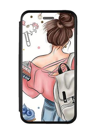 Чохол-книжка з малюнком на xiaomi redmi note 7/7 pro :: чорний :: дівчина з рюкзаком /принт 30/