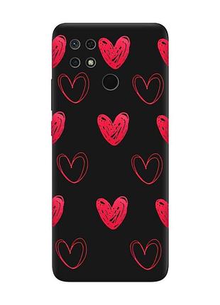 Матовий чорний чохол на xiaomi redmi 10c сердечка червоні (принт 77)
