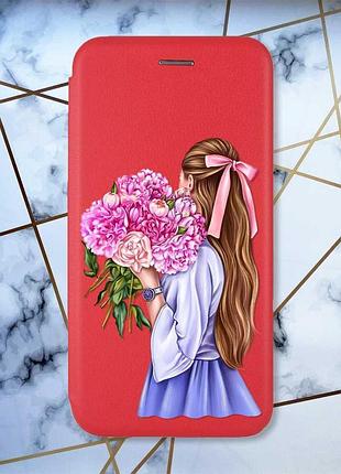 Чехол-книжка с рисунком для xiaomi redmi 8a красный :: девушка с пионами (принт 11)