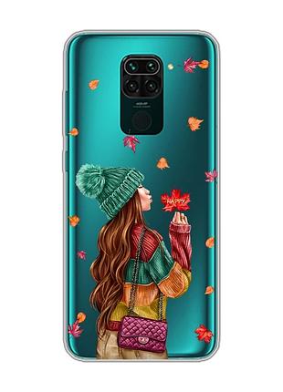 Прозрачный чехол на xiaomi redmi note 9 :: девушка с листьями (принт 221)