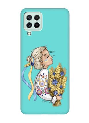 Матовый бирюзовый чехол на samsung galaxy m32/m22/a22 4g :: украинка с колосками (патриотический принт 173)