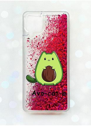 Чохол з плаваючими блискітками samsung galaxy a12 рожевий :: котик авокадо (принт 306)