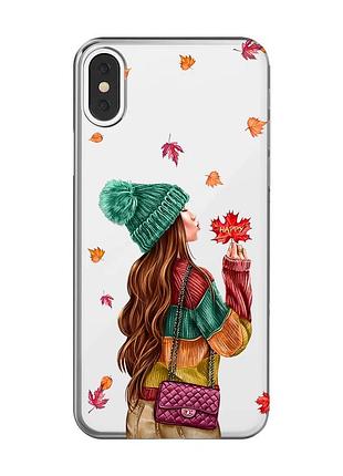 Прозрачный чехол на iphone x/xs :: девушка с листьями (принт 221)