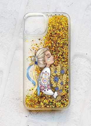 Чехол с плавающими блестками на iphone 14 золотой :: украинка с колосками (принт 173)