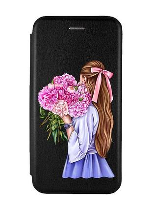 Чохол-книжка чорний з малюнком на xiaomi redmi note 12 дівчина з півоніями (принт 11)