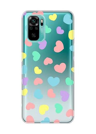 Прозрачный чехол на xiaomi redmi note 10 / note 10s :: разноцветные сердечка (принт 335)