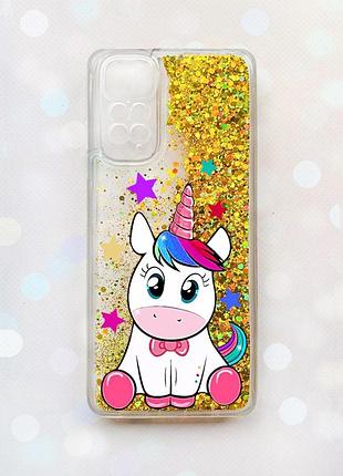Чехол с плавающими золотыми блестками на xiaomi redmi note 11 единорог (принт 102)