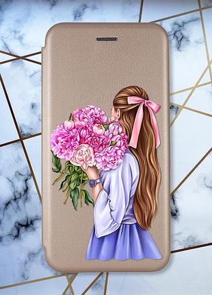 Чохол-книжка з малюнком для samsung galaxy а10ѕ/ a107 золотий :: дівчина з півоніями (принт 11)