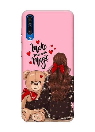 Матовый розовый чехол на samsung galaxy a50 (2019) a505 девушка с мишкой (принт 188)