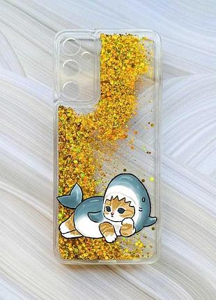 Чохол з плаваючими блискітками на samsung galaxy a34 5g (a346) золотий :: котик акула (принт 355)