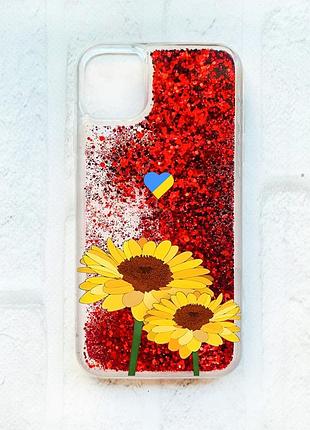 Чехол с плавающими блестками на iphone 11 красный :: желтые цветы (патриотический принт 364)