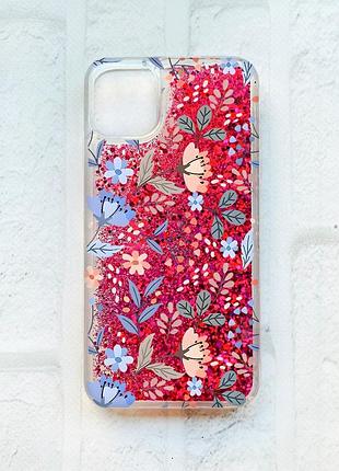 Чехол с плавающими блестками на iphone 11 розовый :: цветочный фон (принт 371)