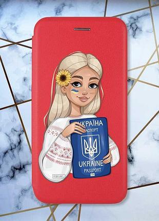 Чехол-книжка с рисунком для xiaomi redmi 8a красный; девушка с паспортом (патриотический принт 13)