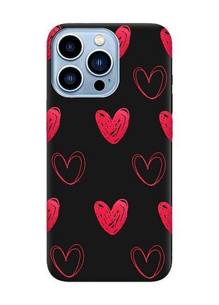 Матовий чорний чохол на apple iphone 13 pro max сердечка червоні (принт 77)