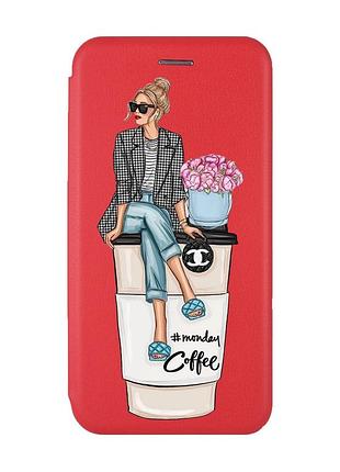 Чехол-книжка с рисунком для xiaomi redmi 9c/10a красный :: девушка на кофе (принт 228)