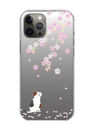Прозрачный чехол на iphone 12 pro max :: котик и сакура (принт 283)