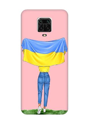 Матовый розовый чехол на xiaomi redmi note 9 pro / 9s / 9 pro max :: девушка с флагом (принт 263)