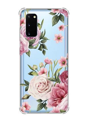 Чехол с утолщёнными углами для samsung galaxy s20 plus :: розовые цветы (принт 287)