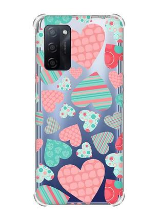 Чехол с утолщёнными углами для oppo a55 :: разноцветные сердечка (принт 334)