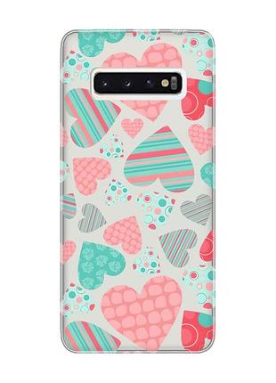 Прозрачный чехол на samsung galaxy s10 :: разноцветные сердечка (принт 334)