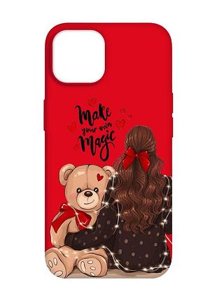Матовый красный чехол на apple iphone 14 :: девушка с мишкой (принт 188)