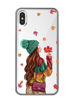 Прозрачный чехол на iphone xs max :: девушка с листьями (принт 221)