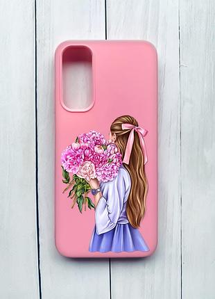 Матовый чехол на samsung galaxy a05s (a057) розовый :: девушка с пионами (принт 11)