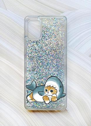 Чохол з плаваючими блискітками на samsung galaxy a31 сріблястий :: котик акула (принт 355)