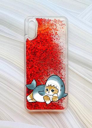 Чехол с плавающими блестками на xiaomi redmi 9a красный :: котенок акула (принт 355)