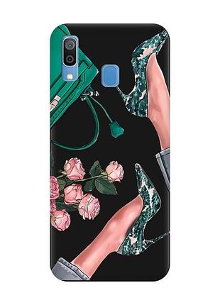 Матовый черный чехол на samsung galaxy a30 (2019)/a20 (2019) туфельки и цветы (принт 225)