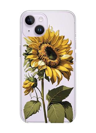 Прозрачный чехол с защитой камеры на iphone 14 :: подсолнечник (принт 274)